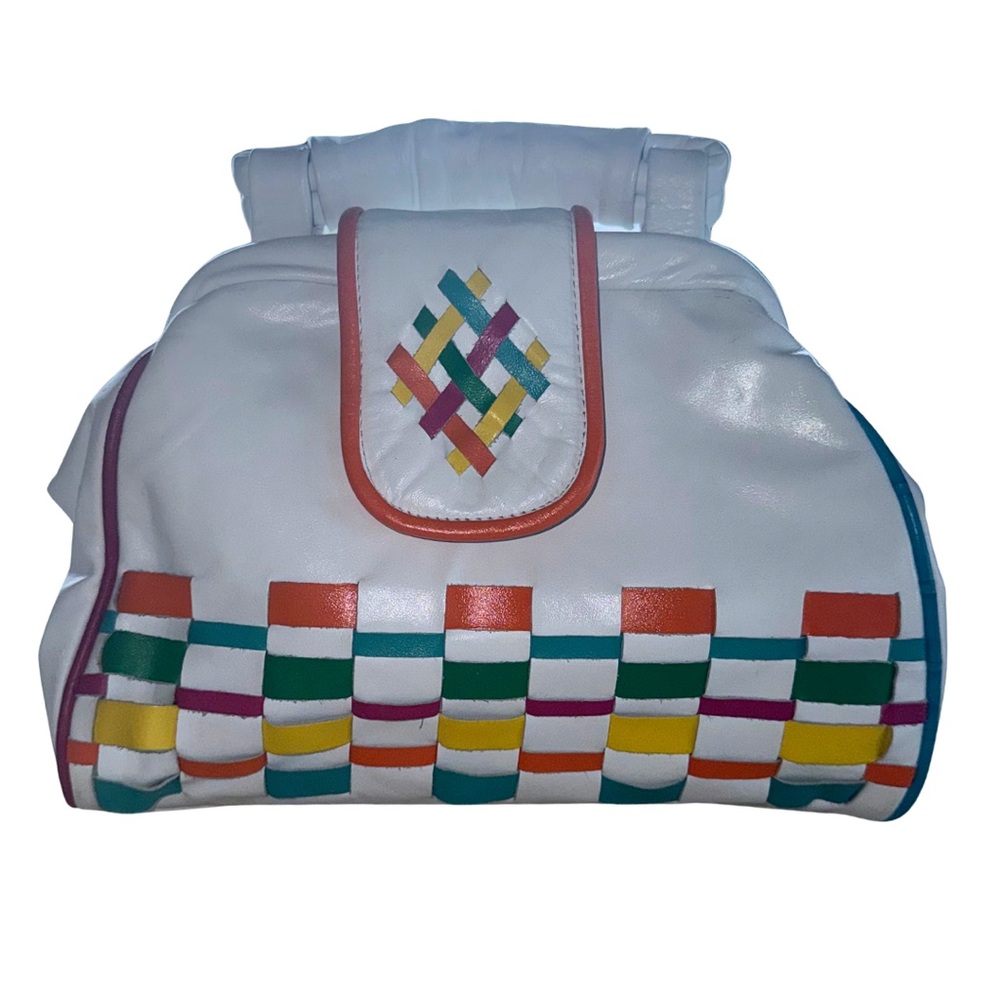 Vintage Saereun New York White Leather Woven Purse Multicolor Trim